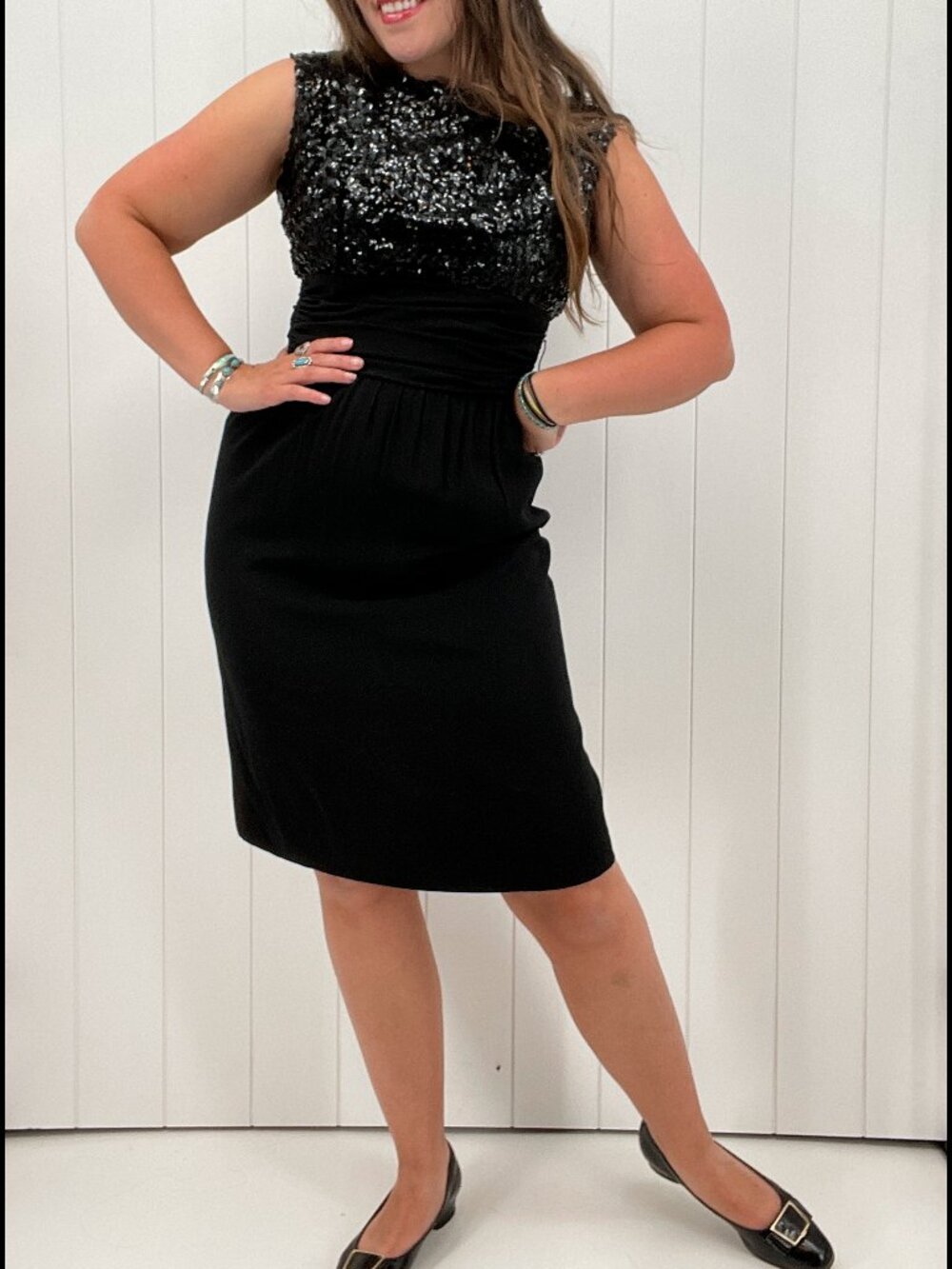 Vintage 60s Black LBD Sequin Crepe Sheath Sleeveless Cocktail Dress S/M
